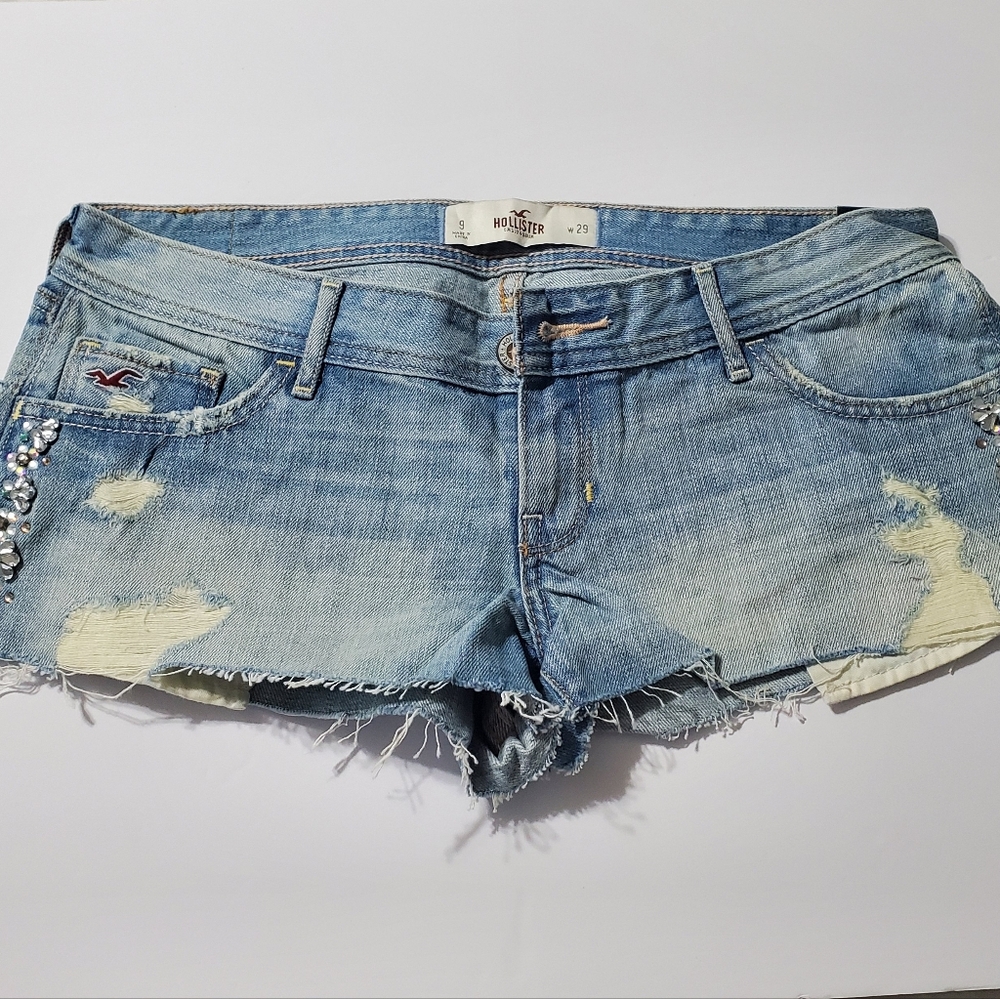 NWT Hollister Light Blue Distressed Jean Shorts with Pearl Details
